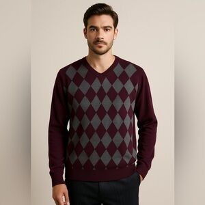 Roundtree & Yorke Burgundy Argyle Cotton Sweater XL | Preppy Old Money Mens